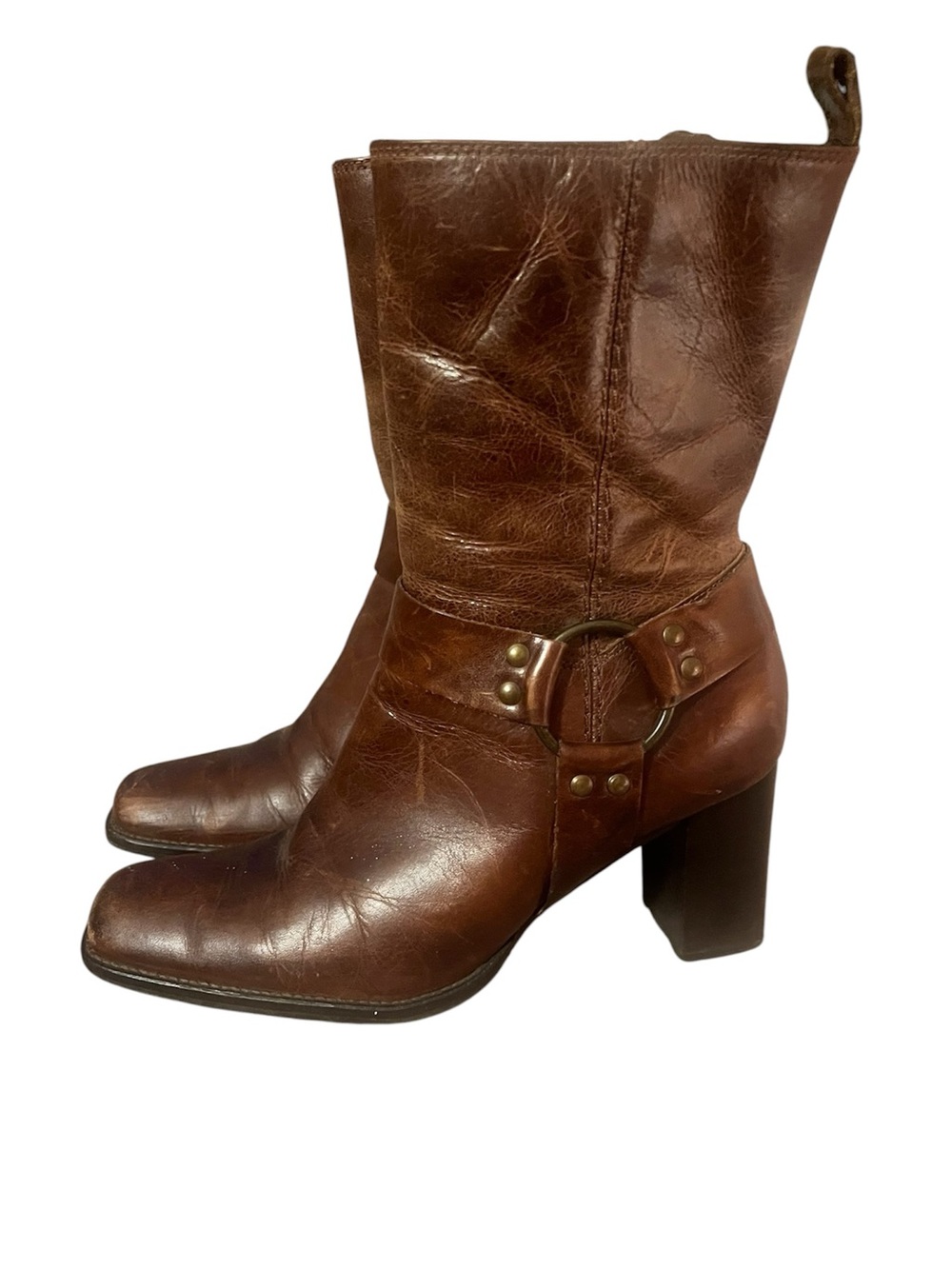 Bass Brown Leather Mid-Calf Block Heel Boots w harness Vintage 8